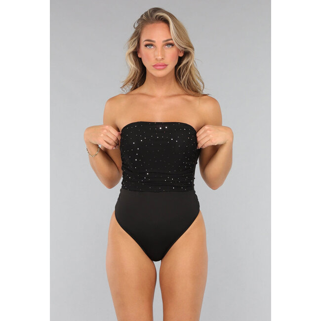 Schwarzer Glitzer Mesh Korsett Bodysuit