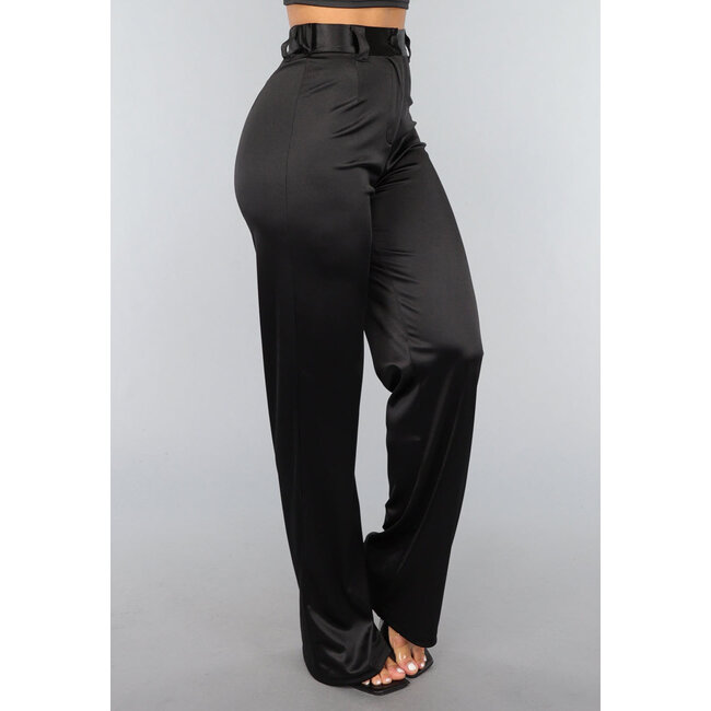 Schwarze Satin-Hose mit geradem Bein und Stretchanteil