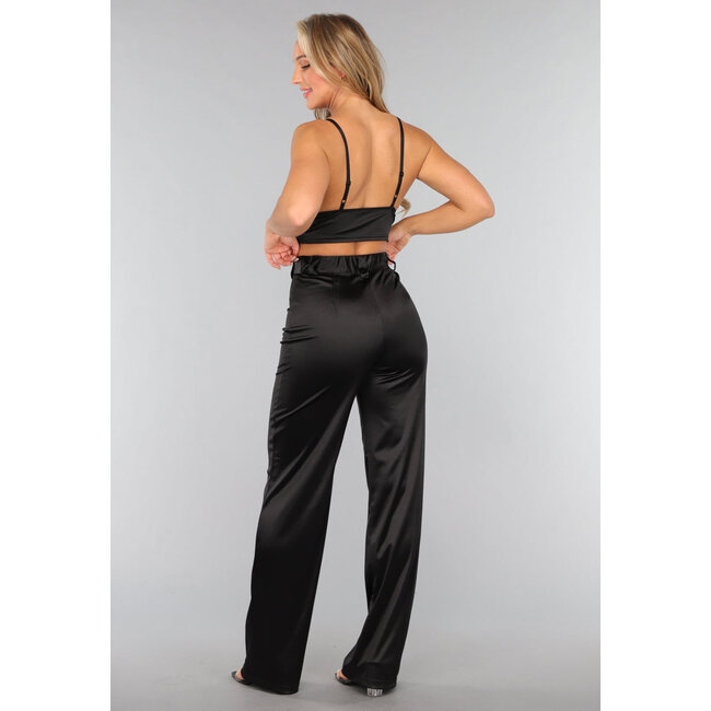 Schwarze Satin-Hose mit geradem Bein und Stretchanteil