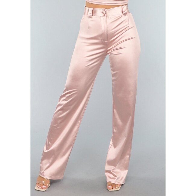 Rosé Stretch-Satin-Hose mit hoher Taille