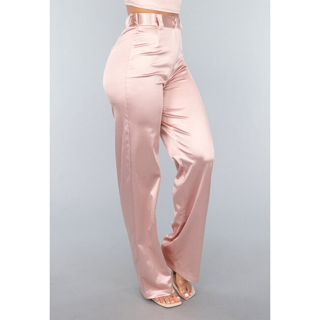 Rosé Stretch-Satin-Hose mit hoher Taille