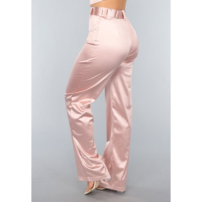 Rosé Stretch-Satin-Hose mit hoher Taille