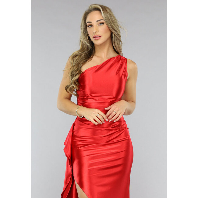Rotes Satin Abendkleid mit einer Schulter