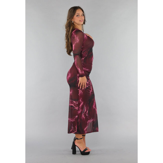 Burgunderfarbenes langes Mesh-Kleid mit Druck