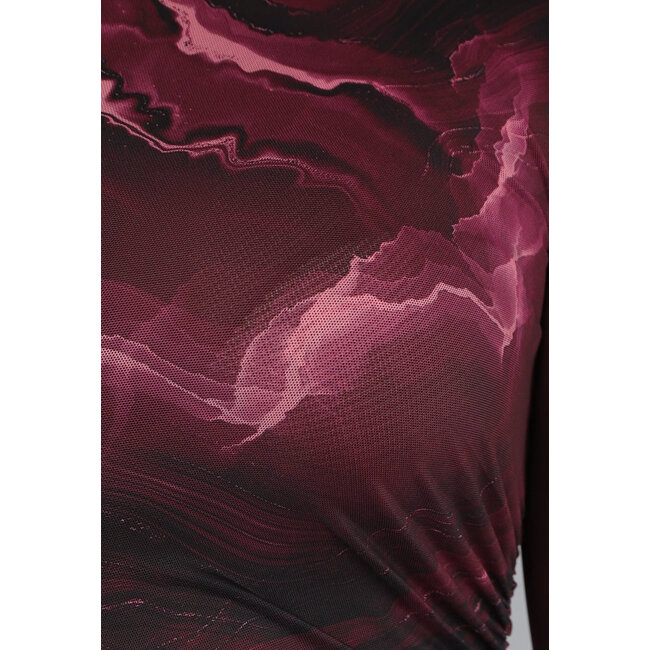 Burgunderfarbenes langes Mesh-Kleid mit Druck