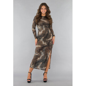 Taupefarbenes Kleid aus Mesh mit Marmorprint