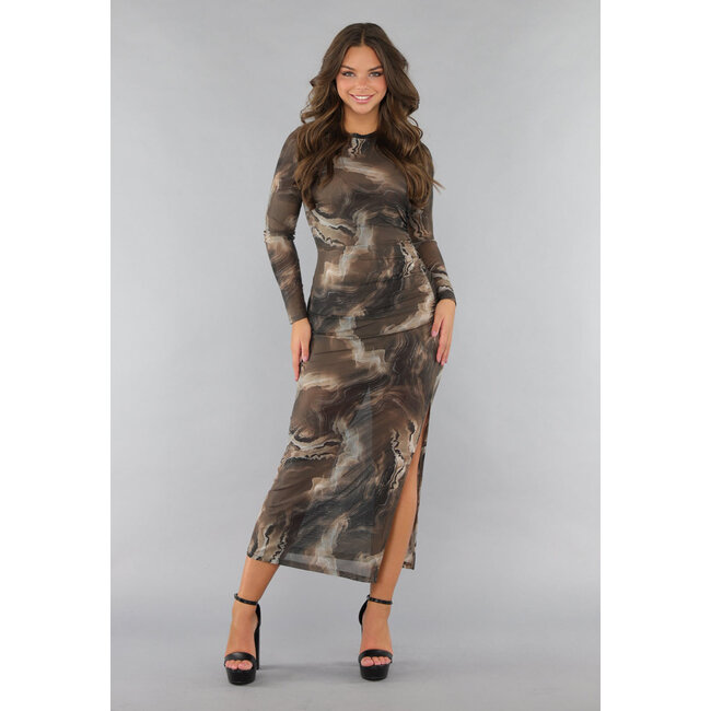 Taupefarbenes Kleid aus Mesh mit Marmorprint