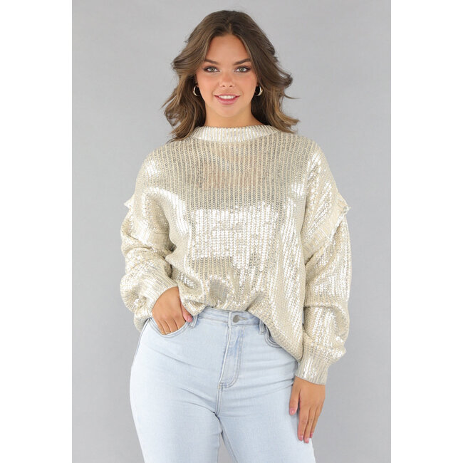Beigefarbener Strickpullover mit Silberbeschichtung