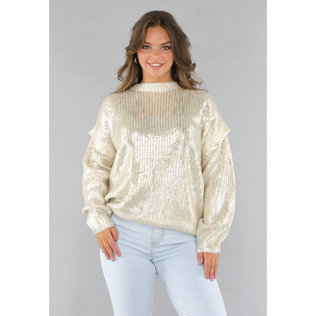 Beigefarbener Strickpullover mit Silberbeschichtung
