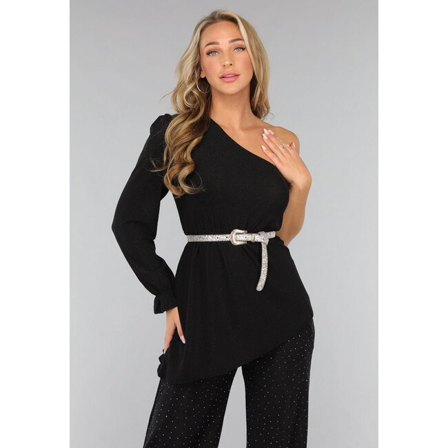 Schwarzes asymmetrisches Top mit Rüschenärmel