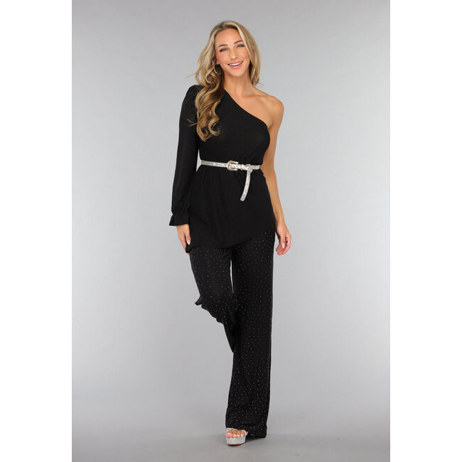 Schwarzes asymmetrisches Top mit Rüschenärmel