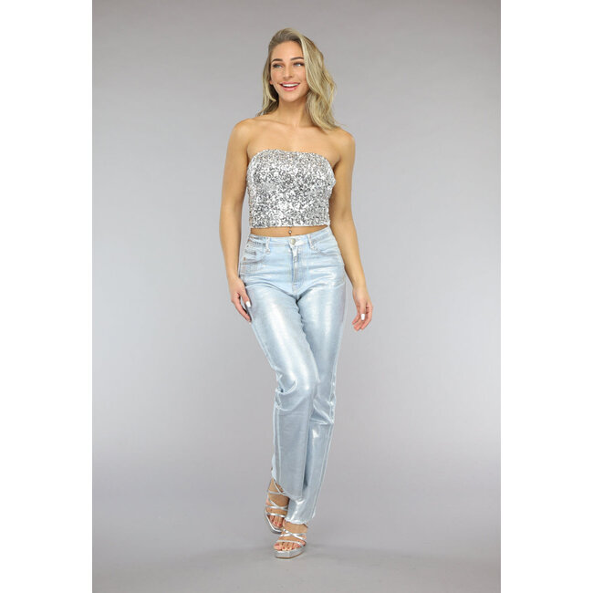 Silbernes trägerloses Crop-Top mit Pailletten