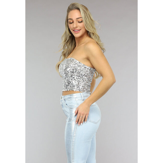Silbernes trägerloses Crop-Top mit Pailletten