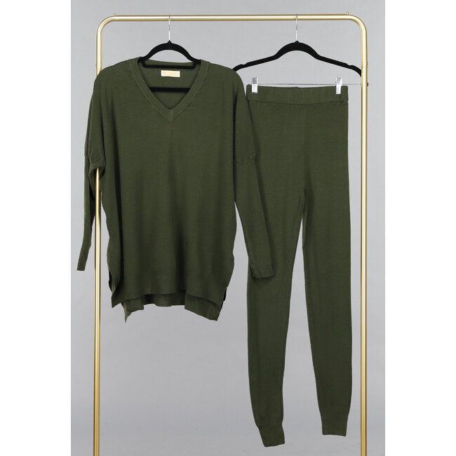 Khaki Lounge Set mit V-Ausschnitt-Pullover