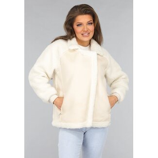 Ecru Bikerjacke in Wildlederoptik mit Teddy-Ärmeln