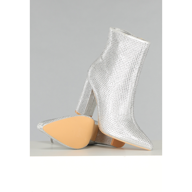 Silberne Strass-Stiefeletten mit Blockabsatz