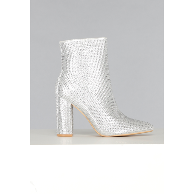 Silberne Strass-Stiefeletten mit Blockabsatz