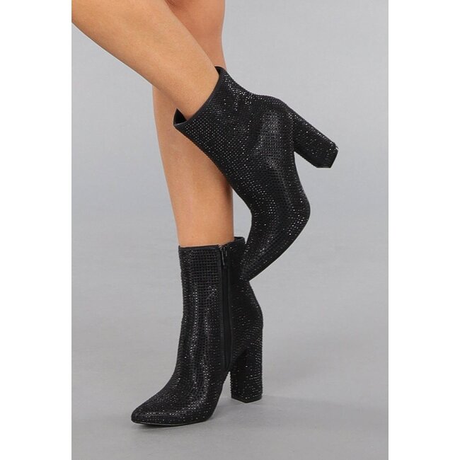 Glänzende schwarze Strassstiefel mit Blockabsatz