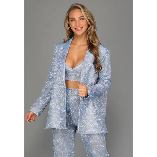 Eisblauer Knopf-Blazer mit Schulterpolstern