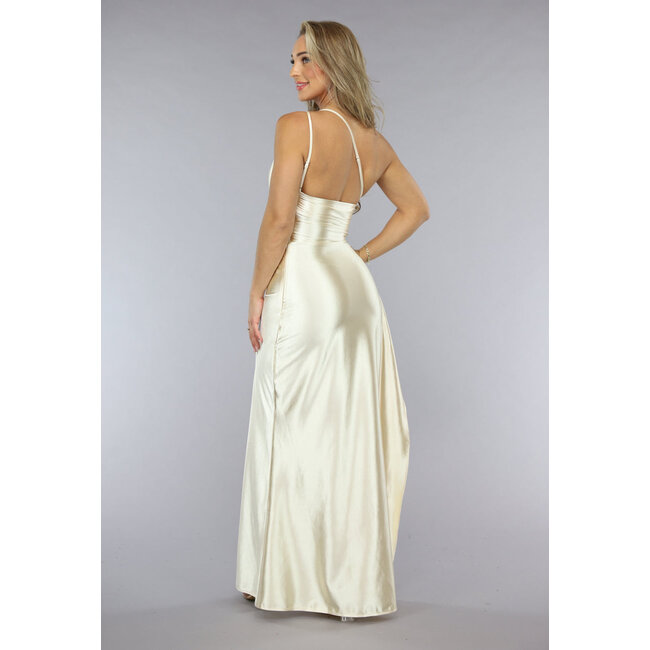 Champagnerfarbenes Satin-One-Shoulder-Kleid mit hohem Schlitz