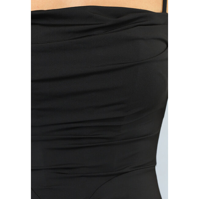 Schwarzes plissiertes Maxikleid mit Korsettverzierung