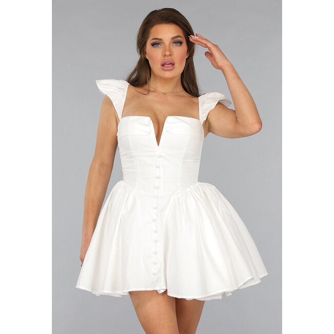 Weißes Skaterkleid mit gerafften Ärmeln