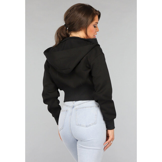 Schwarzer kurzer Cardigan mit abnehmbarer Kapuze