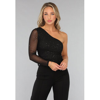 Schwarzes One-Shoulder-Top mit Glitzer