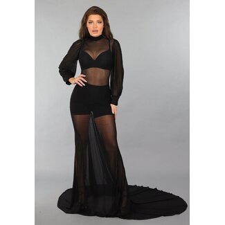 Langes durchsichtiges Kleid mit Puffärmeln