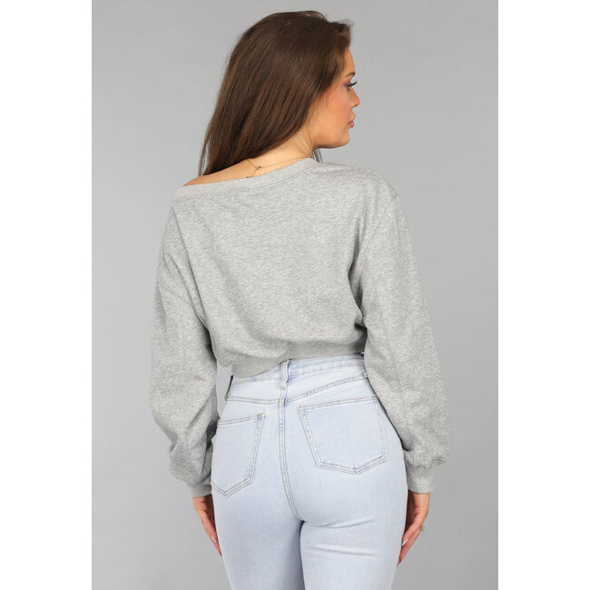 Grauer Cropped Sweater mit Puffärmeln