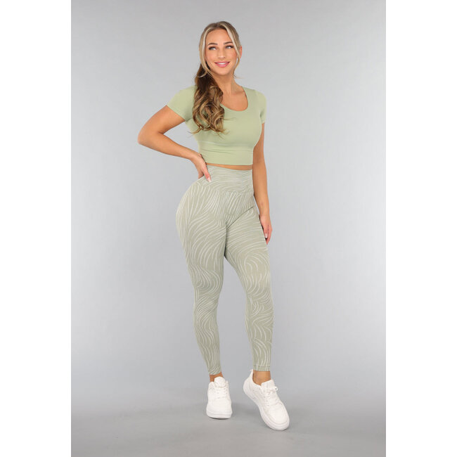 Khakifarbene Sport-Leggings mit Streifendruck