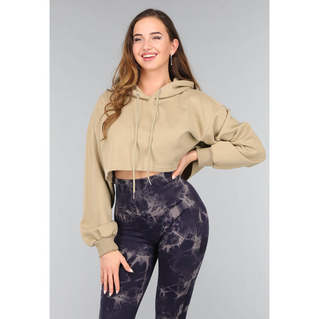 Khakifarbener Cropped Sweater mit Kapuze
