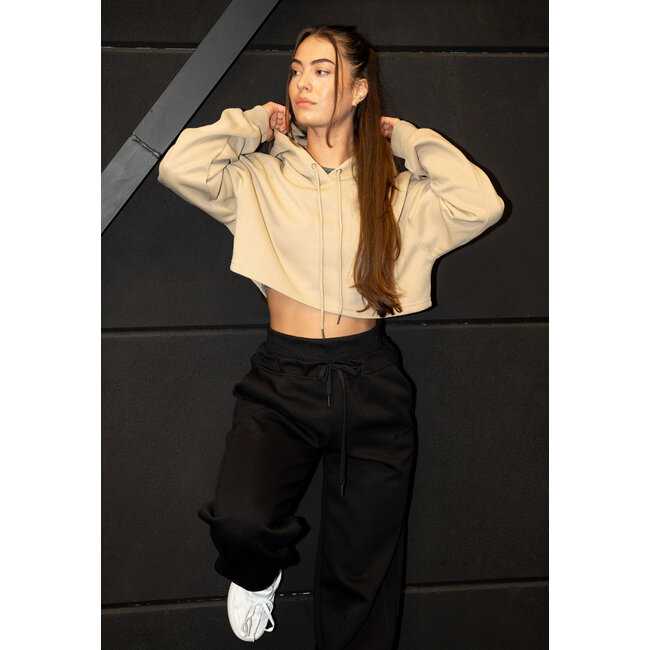 Khakifarbener Cropped Sweater mit Kapuze