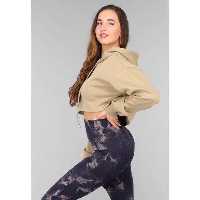 Khakifarbener Cropped Sweater mit Kapuze