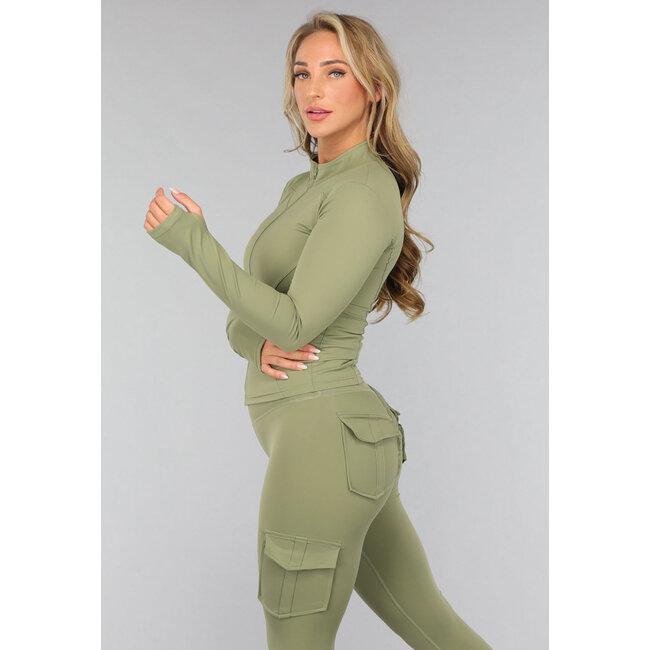 Grünes Langarm-Fitness-Set mit Taschen