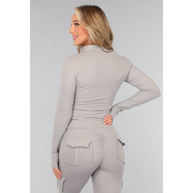 Graues Langarm-Fitness-Set mit Daumenlöchern