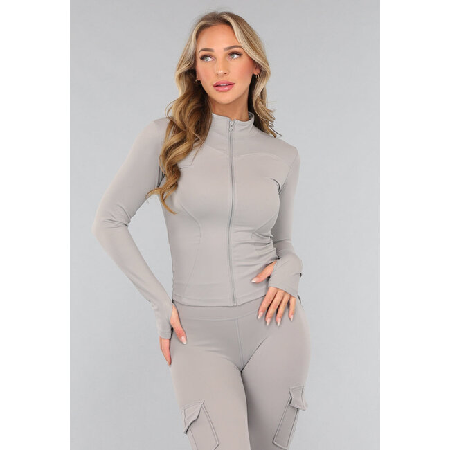 Graues Langarm-Fitness-Set mit Daumenlöchern