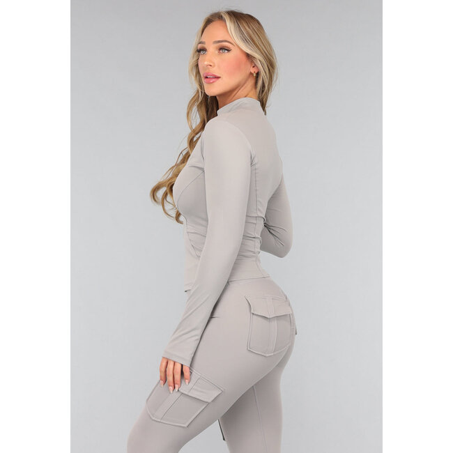 Graues Langarm-Fitness-Set mit Daumenlöchern