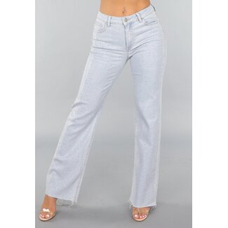 Hellblaue Wide Leg Mid Waist Strass Jeans