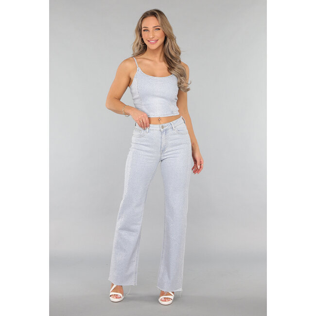 Hellblaue Wide Leg Mid Waist Strass Jeans