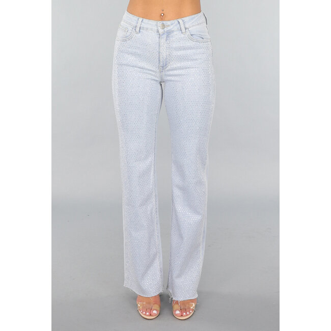 Hellblaue Wide Leg Mid Waist Strass Jeans