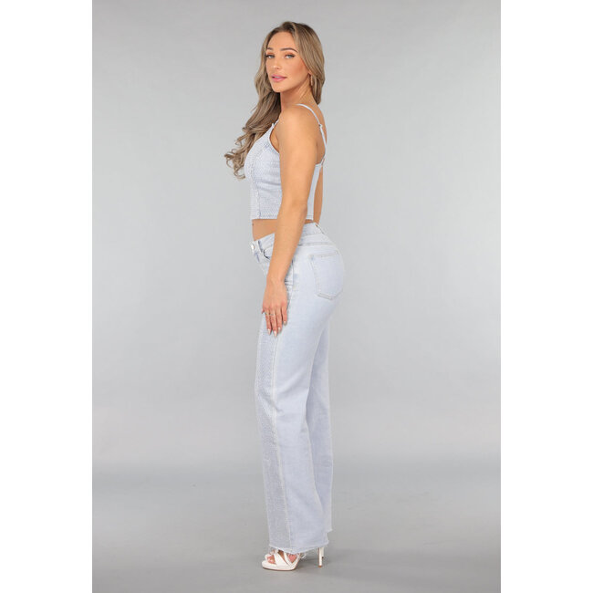 Hellblaue Wide Leg Mid Waist Strass Jeans