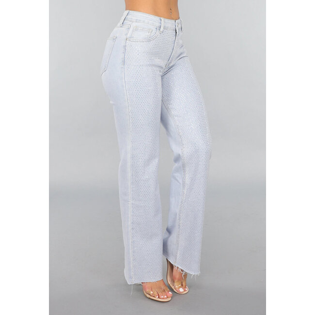 Hellblaue Wide Leg Mid Waist Strass Jeans