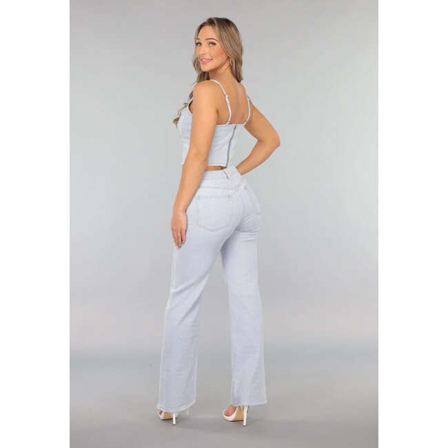 Hellblaue Wide Leg Mid Waist Strass Jeans