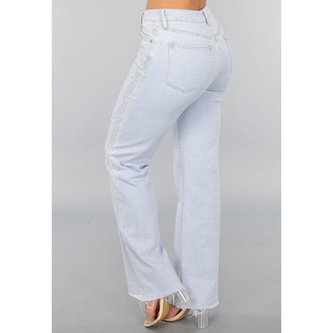 Hellblaue Wide Leg Mid Waist Strass Jeans