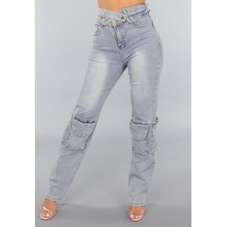 Große blaue Denim-Cargo-Jeans mit Schlupftaille