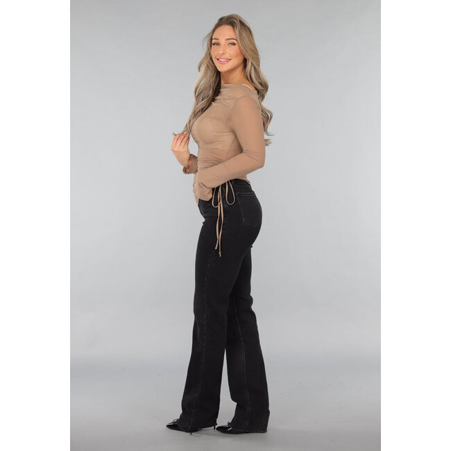 Taupefarbenes plissiertes Mesh-Top mit Spitzendetail