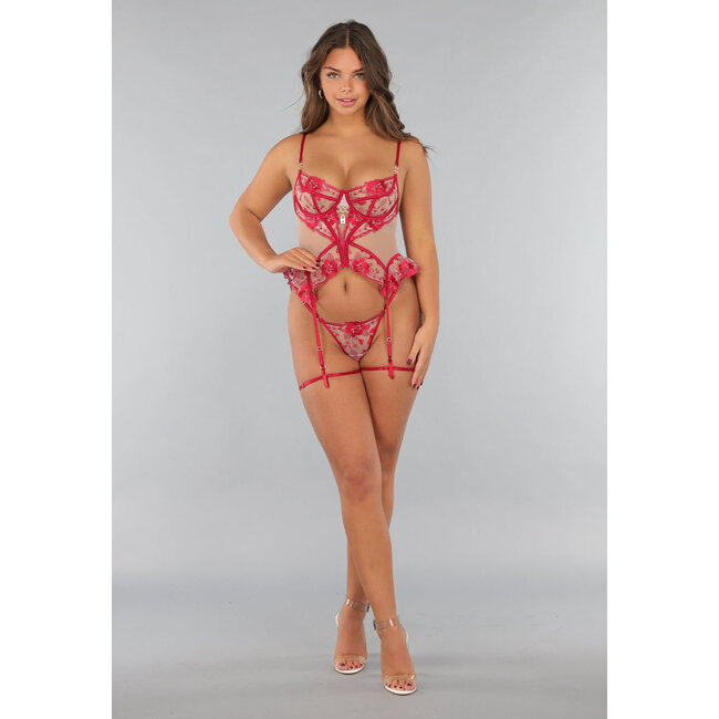 Mesh-Dessous Bustier-Set mit roter Stickerei