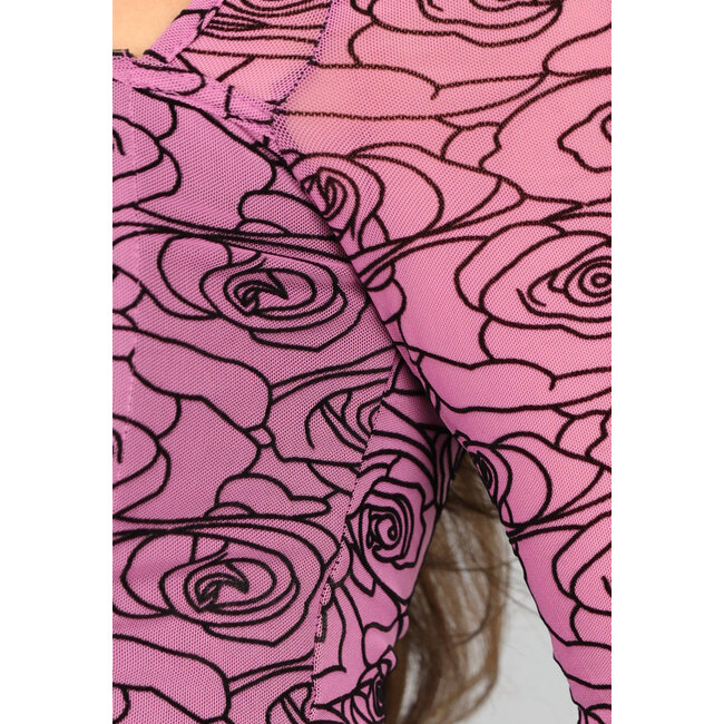 Rosa Mesh-Korsett-Top mit Samtblumen