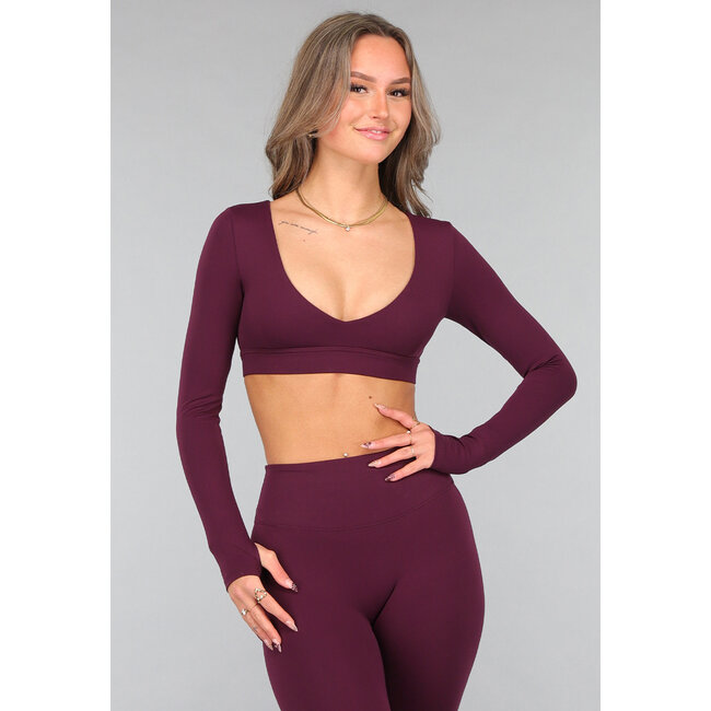 Aubergine Langarm-Stretch-Sport-Top